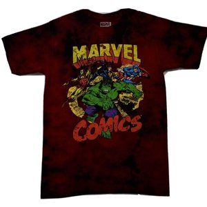 Marvel Comics Men's Old School Group Image Between Logo Tie Dye Red Shirt New
